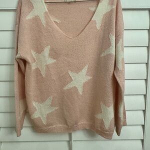 Altar'd State Pink and Cream Star V-Neck Sweater
